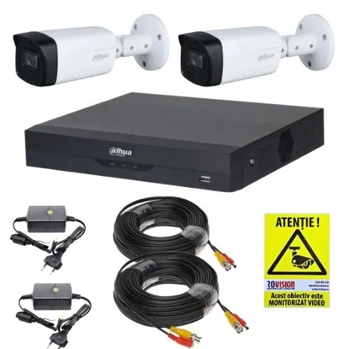 Kit supraveghere Dahua 2 camere 2MP IR 40m Lentila 2.8mm IP67, DVR 4 canale 5MP WizSense, accesorii montaj + Autocolant Rovision