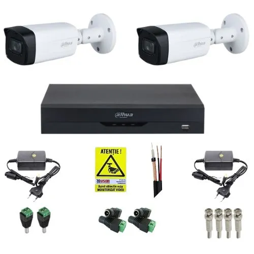 Kit supraveghere Dahua 2 camere 5MP IR 80m Lnetila 3.6mm, DVR 4 canale 4K 8MP WizSense, accesorii pentru montaj + Autocolant Rovision