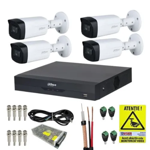 Kit supraveghere Dahua 4 Camere 2MP IR 40m Lentila 2.8mm IP67, DVR 4 Canale 5MP, Accesorii montaj + Autocolant Rovision