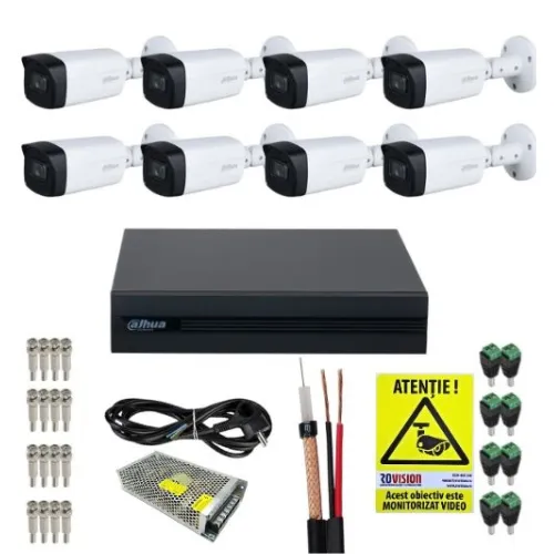 Kit supraveghere Dahua 8 camere 2MP IR 40m Lentila 2.8mm IP67, DVR 8 canale 1080N/720p, Accesorii montaj + Autocolant Rovision