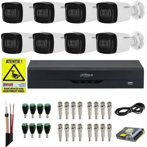 Kit supraveghere Dahua 8 camere 4K 8MP IR 80m Microfon, DVR 8 canale 4K 8MP Audio Functii AI, accesorii + Autocolant Rovision