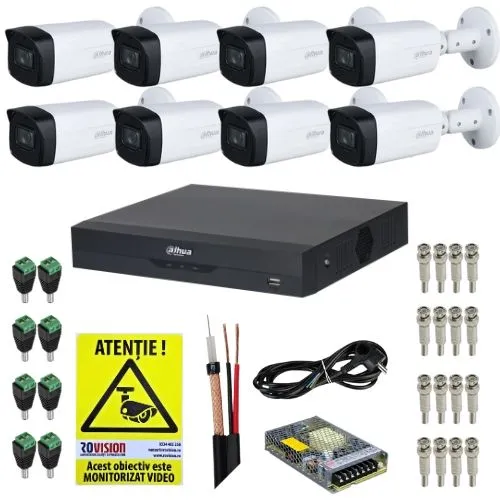 Kit supraveghere Dahua 8 camere 5MP IR 80m Starlight, DVR 8 Canale WizSense 5M-N/1080P, Accesorii + Autocolant Rovision