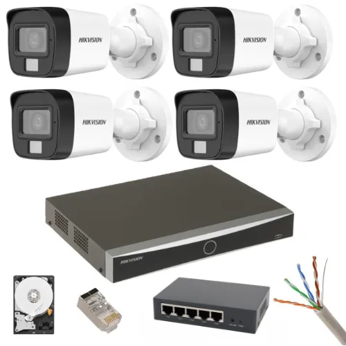 Kit supraveghere Hikvision 4 camere IP 8MP Dual Light IR 30m Lumină albă 30m Microfon NVR 12MP 4 canale HDD Accesorii incluse