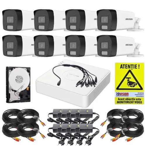 Kit supraveghere Hikvision 8 camere 2MP Dual Light 40m Microfon, DVR 8 canale 4MP, HDD 1TB, Accesorii + Autocolant Rovision