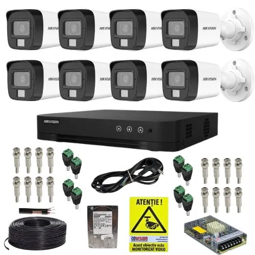 Kit supraveghere Hikvision 8 camere 5MP Microfon Dual Light Lentila 2.8mm, DVR 8 canale 8MP Audio AcuSense, Accesorii montaj, HDD 1TB + Autocolant Rovision