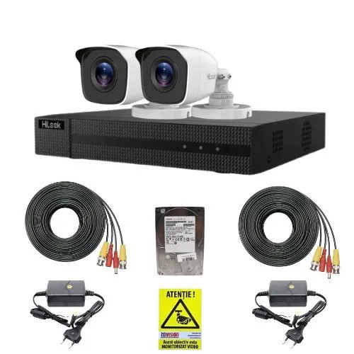 Kit supraveghere Hikvision Hilook, 2 camere 2MP, IR 20m, DVR 4 canale, 2MP, HDD 500GB, Autocolant Rovision