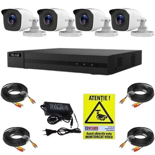 Kit supraveghere Hikvision Hilook, 4 camere 2MP, IR 20m, DVR 4 canale, 4MP, Accesorii, Autocolant Rovision