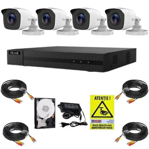 Kit supraveghere Hikvision Hilook, 4 camere 2MP, IR 20m, DVR 4 canale, 4MP, Accesorii, HDD 500GB, Autocolant Rovision