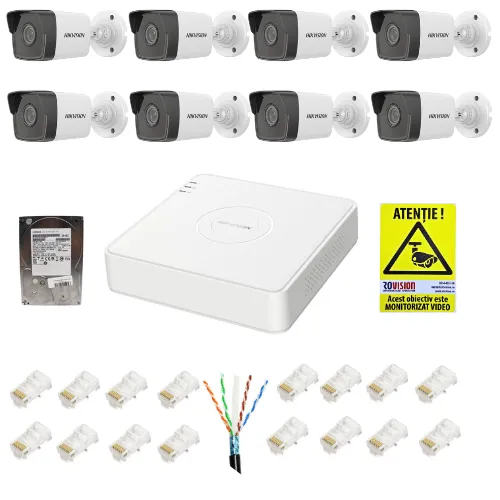 Kit supraveghere IP Hikvision 8 camere 2MP IR 30m PoE Lentila 2.8mm, NVR 8 canale 6MP PoE, accesorii montaj, HDD 2TB + Autocolant Rovision
