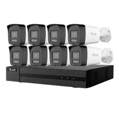 Kit supraveghere profesional IP Hikvision HiLook 8 camere 4MP IR 30m PoE microfon si difuzor IP67 alarma si NVR 8 canale PoE 6MP