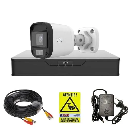 Kit supraveghere Uniview, 1 mini camera de exterior, ColorHunter, 5MP 2K+, Lumina Alba 20m, Vedere color pe timp de noapte, DVR 4 canale, Accesorii montaj, Vizualizare de pe telefon