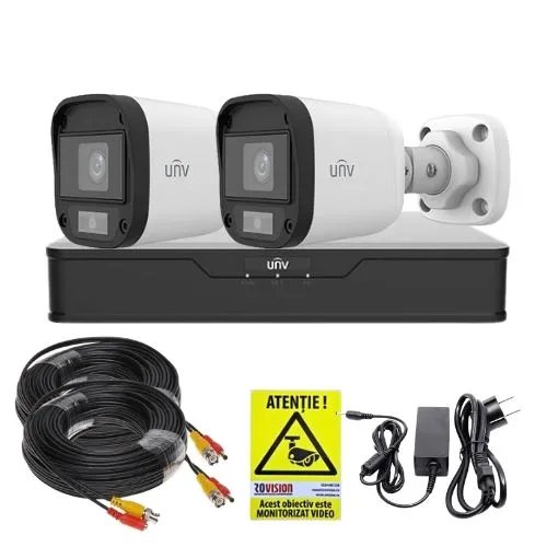 Kit supraveghere Uniview, 2 mini camere de exterior, ColorHunter, 5MP 2K+, Lumina Alba 20m, Vedere color pe timp de noapte, DVR 4 canale, Accesorii montaj, Vizualizare de pe telefon