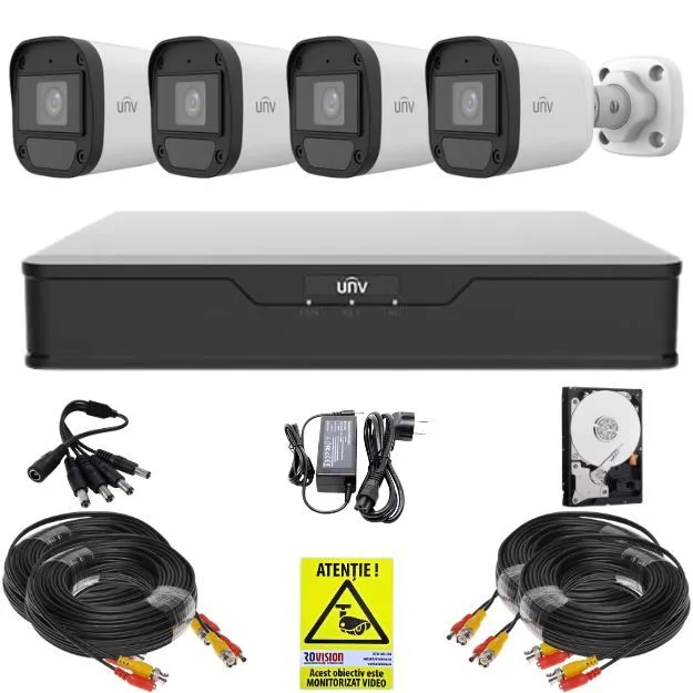 Kit supraveghere Uniview, 4 camere ColorHunter, 5MP, Imagini color noaptea, Lumina Alba 20m, DVR 4 canale, 4MP, Accesorii, HDD 500GB, Autocolant Rovision