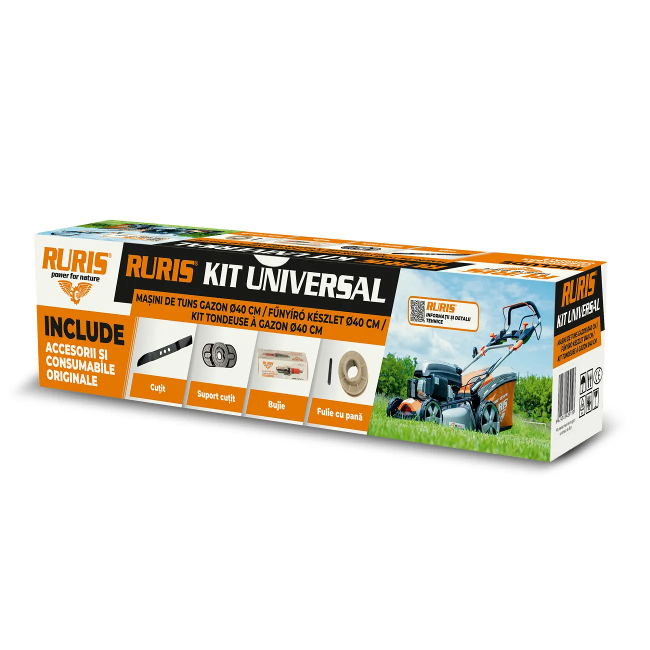 Kit Universal Masini Gazon cu Diam 40cm Ruris (Cutit, Bujie, Adaptor Universal, Adaptor Fulie, Kit Surub)