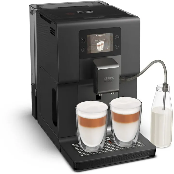 KRUPS Espressor automat Krups EA 875 U10 Intuition Preference+, 1450 W, 15 bar, Ecran TFT tactil, Rezervor 3 l, 15 bauturi, 3 Setari temperatura, Negru
