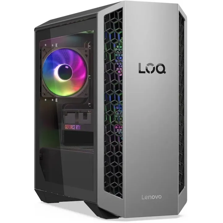 Lenovo Sistem Desktop PC Gaming Lenovo LOQ Tower 26ADR10, procesor AMD Ryzen™ 7 8745HX pana la 5.1GHz, 32GB DDR5, 1TB SSD, NVIDIA® GeForce RTX™ 5050 8GB GDDR6, No OS, Argintiu