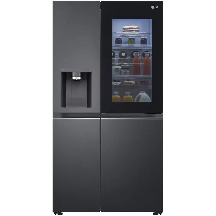 LG Combina frigorifica Side by side LG GSXV91MCAE, 635 l, No Frost, InstaView Door-in-Door, Dozator UVnano, Clasa E, H 179 cm, Negru