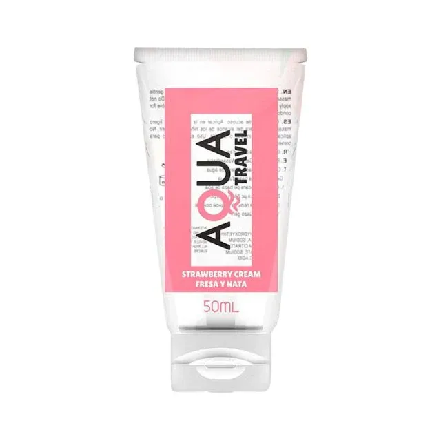 Lubrifiant cu aromă AQUA TRAVEL Strawberry Cream, pe bază de apă, cu gust delicios de căpșuni și frișcă, 50 ml