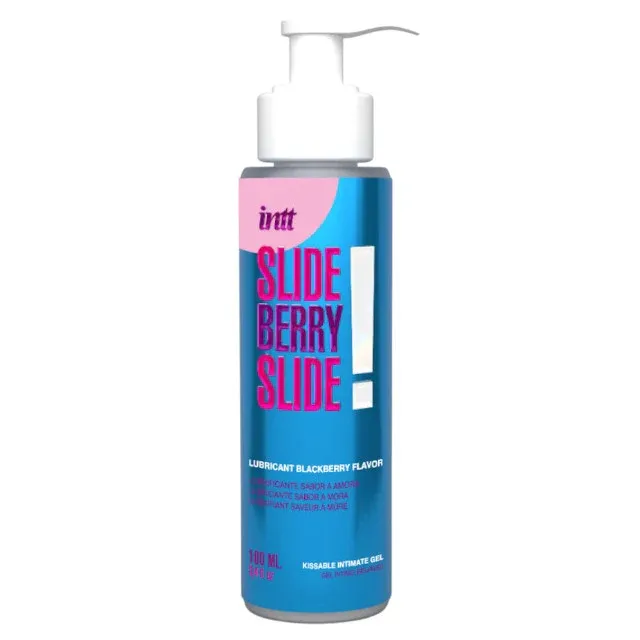 Lubrifiant cu aromă INTT Slide Berry Slide!, pe bază de apă, potrivit pentru piele sensibilă, aromă de mure, 100 ml