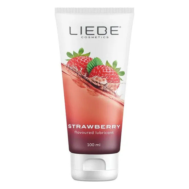 Lubrifiant cu aromă LIEBE Strawberry, pe bază de apă, compatibil cu prezervative, aromă de căpșuni, 100 ml