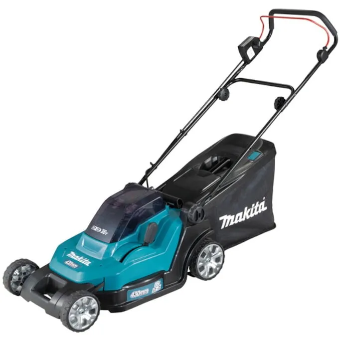 Makita Masina de tuns gazon/iarba pe acumulator Makita DLM432PT2, 18 V 5.0 Ah, 43 cm latime lucru, sac colector 50 L, inaltime taiere 20-75 mm, contine: 2 acumulatori LXT 18V 5.0Ah + incarcator dublu