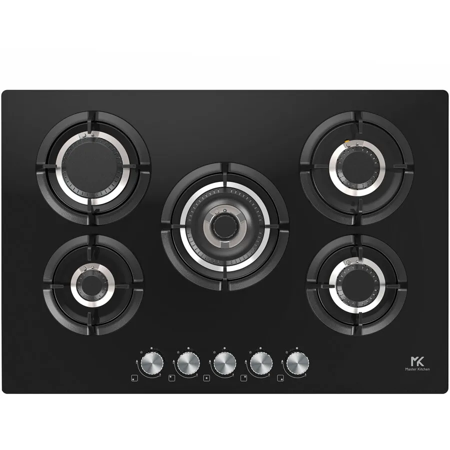 Master&nbsp;Kitchen Plita incorporabila Master Kitchen MKHG 7541EDS-FTCBK, Gaz, 5 arzatoare, Gratare fonta, Arzator coroana tripla, Aprindere electica integrata, Sistem siguranta, 75 cm, Sticla neagra