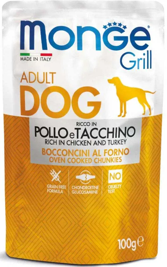 MONGE Grill Plic hrană umedă pentru câini, cu Pui şi Curcan 100g