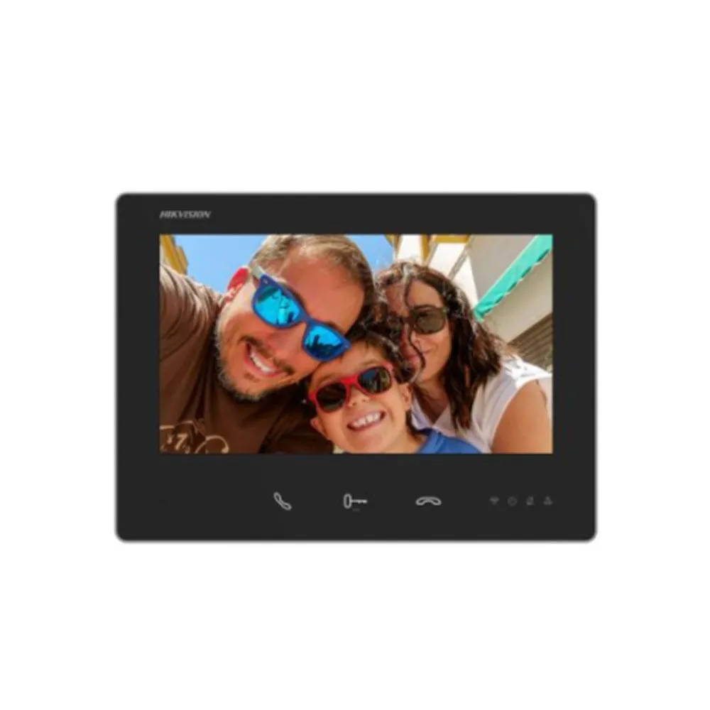 Monitor interior videointerfon Hikvision DS-KH7300EY-WTE2, 7 inch, touchscreen, Wi-Fi, 2 fire, control de pe telefon, slot card, montaj aplicat, negru