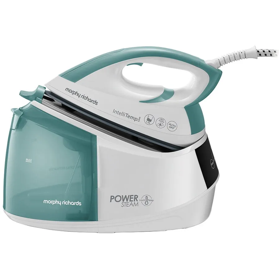 Morphy&nbsp;Richards Statie de calcat Morphy Richards Power steam Intellitemp 333300, 2600W, 5 bar, 1.5l functie Intellitemp, Talpa Ceramica, 110g/min, 190g debit de abur continuu, Alb/Verde
