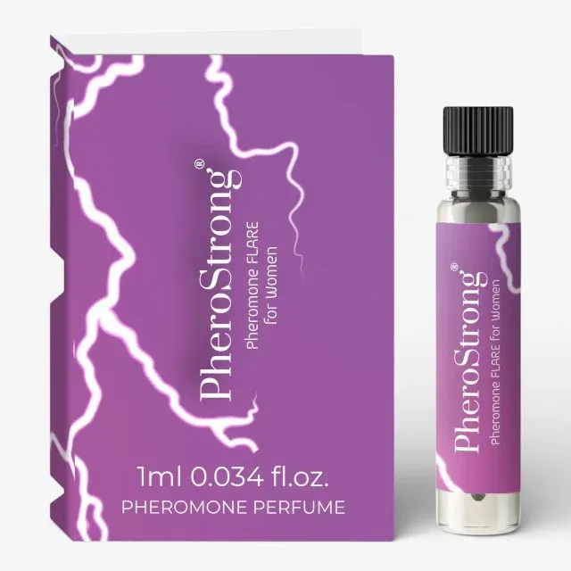 Mostră parfum cu feromoni PHEROSTRONG Pheromone Flare Women, pentru femei, cu note de piper roz, trandafir, vanilie de Madagascar, roz, 1 ml