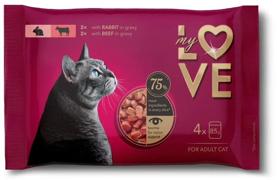 MY LOVE Multipack Hrană umedă pentru pisici, cu Iepure şi Vită 4x85g