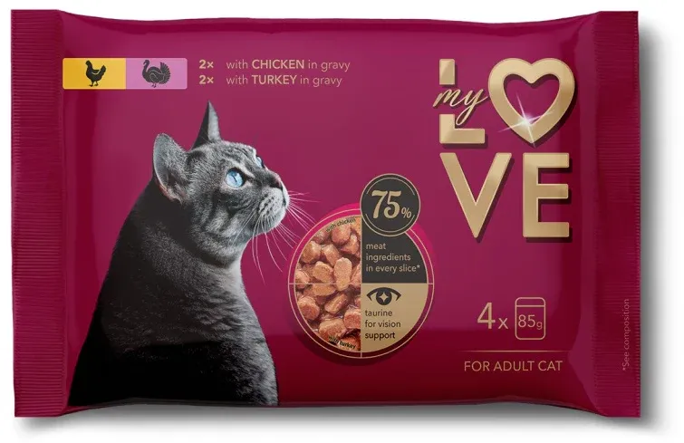 MY LOVE Multipack Hrană umedă pentru pisici, cu Pui şi Curcan 4x85g