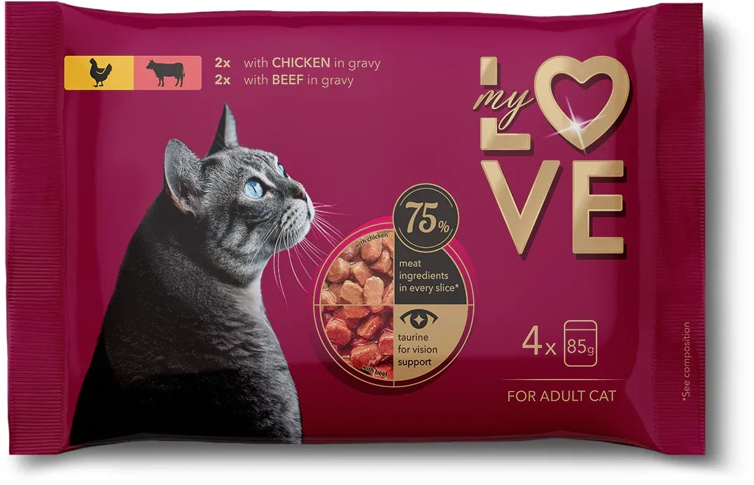 MY LOVE Multipack Hrană umedă pentru pisici, cu Pui şi Vită 4x85g