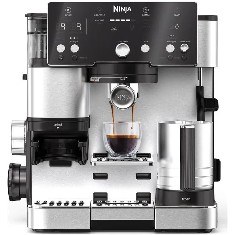 NINJA Espressor semi-automat 2in1 Ninja Luxe Cafe Essential ES501EU, 1650W, rasnita incorporata cu 25 trepte de macinare, Barista Assist, cantar incorporat, autocuratare a sistemului de spumare, 2 filtre Luxe si Double, inox