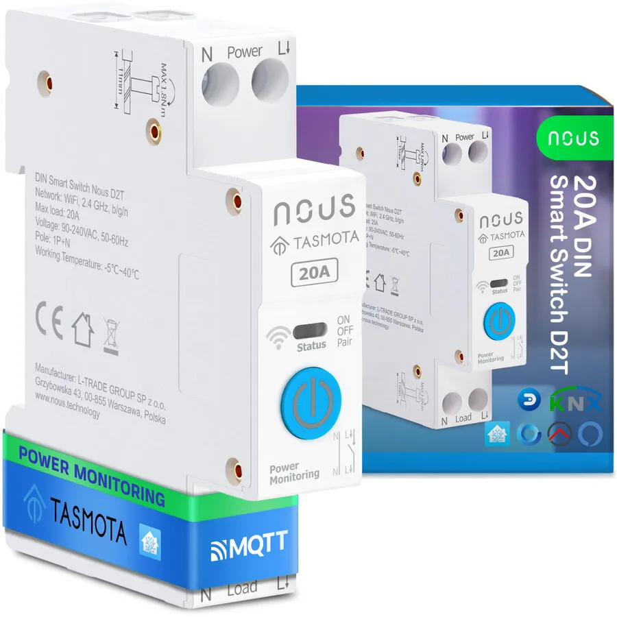 Nous Siguranta inteligenta Nous D2T, 20A, Tasmota,  1 canal, Monitorizare energie, montare pe sina DIN, ESP32