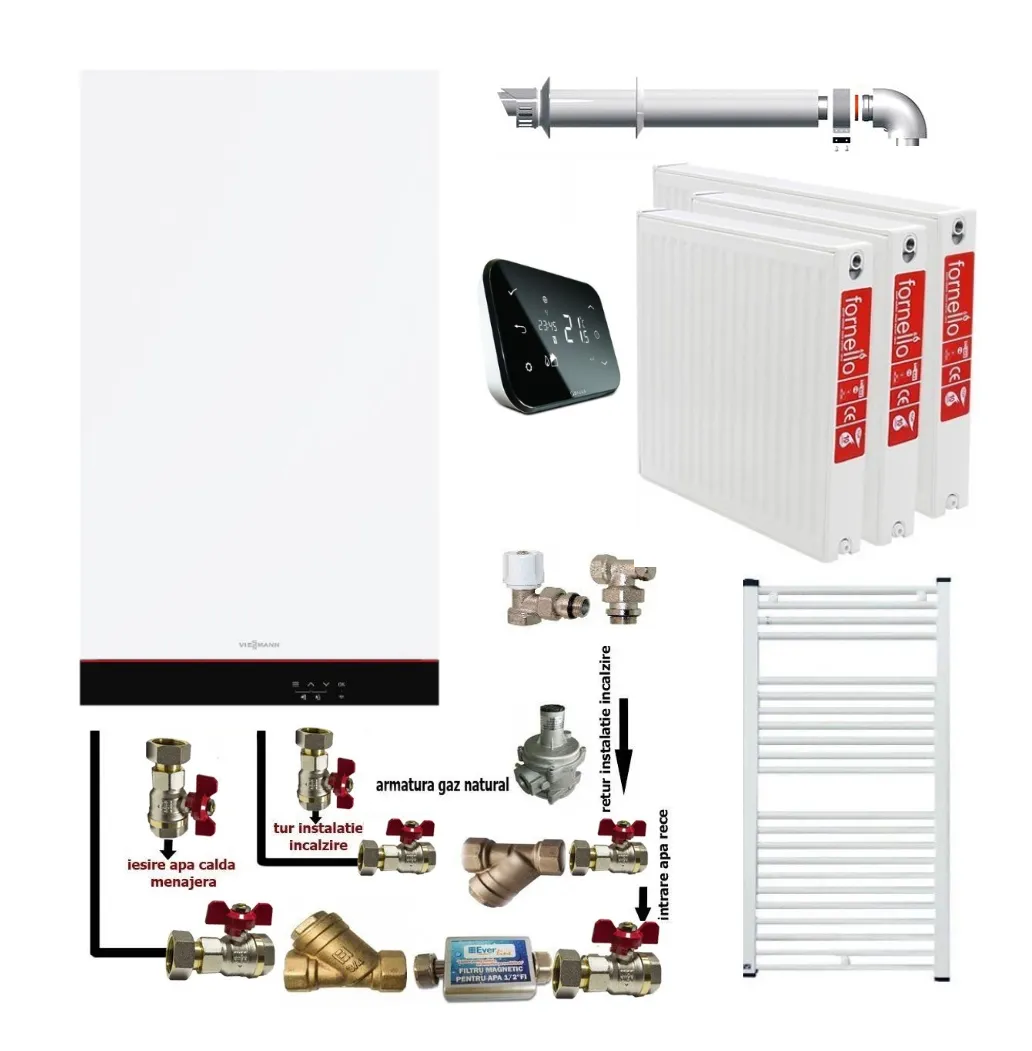 Pachet apartament cu 2 camere, centrala termica murala cu condensare Viessmann Vitodens 050-W tip B0KA 25 kW, termostat Salus IT 500, kit evacuare inclus, calorifere otel, kit armaturi centrala, robineti calorifer