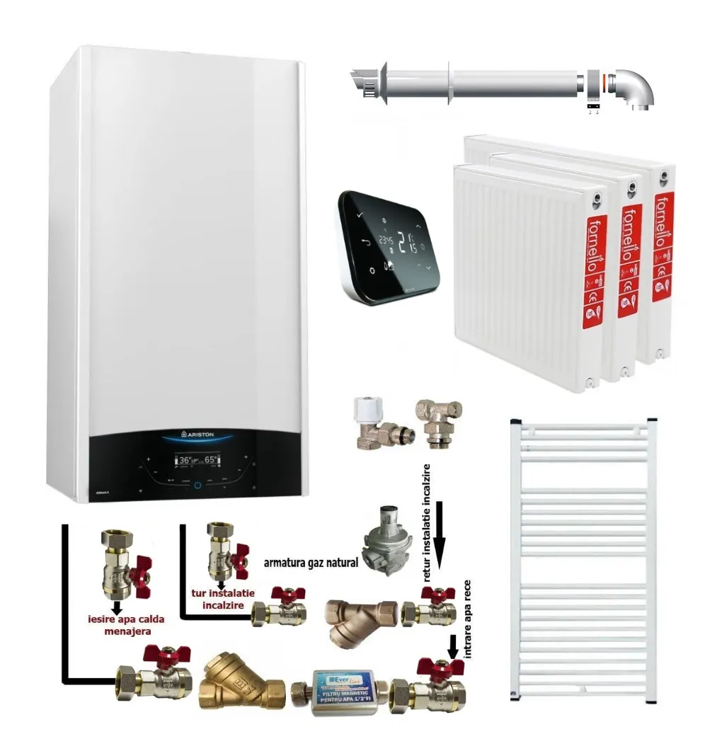 Pachet apartament cu 2 camere, centrala termica murala in condensare Ariston Genus One+ 24, Gaz, 24 kW, kit de evacuare inclus, termostat Salus IT 500, calorifere otel, kit armaturi centrala, robineti calorifere