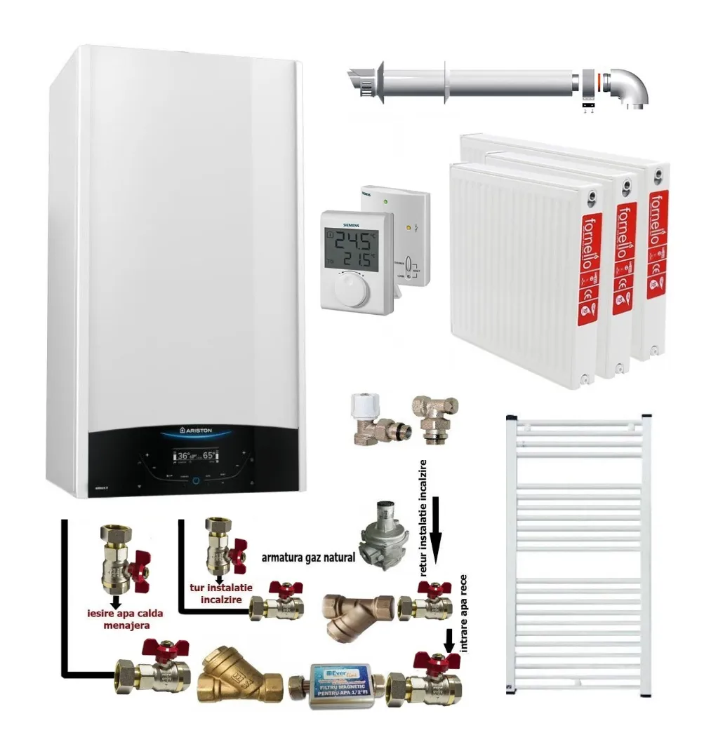 Pachet apartament cu 2 camere, centrala termica murala in condensare Ariston Genus One+ 24, Gaz, 24 kW, kit de evacuare inclus, termostat, calorifere otel, kit armaturi centrala, robineti calorifere
