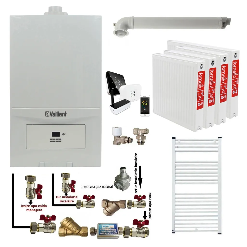 Pachet apartament cu 3 camere, Centrala termica in condensatie Vaillant ecoTEC Pure VUW 236/7-2, 23 kw, murala, afisaj digital, schimbator caldura inox, kit de evacuare, calorifere otel, termostat Salus IT 500 si fitinguri montaj