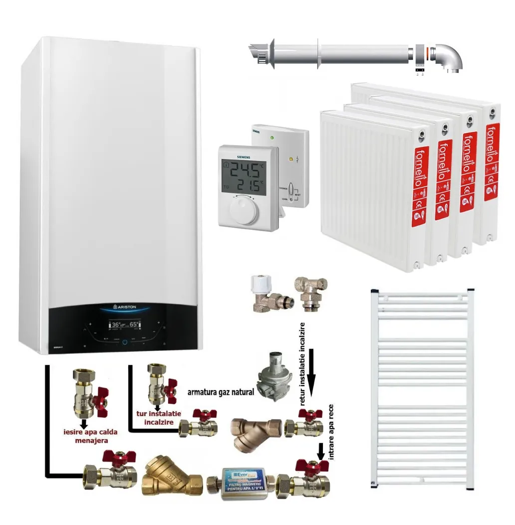 Pachet apartament cu 3 camere, centrala termica murala in condensare Ariston Genus One+ 24, Gaz, 24 kW, kit de evacuare inclus, termostat, calorifere otel, kit armaturi centrala, robineti calorifere