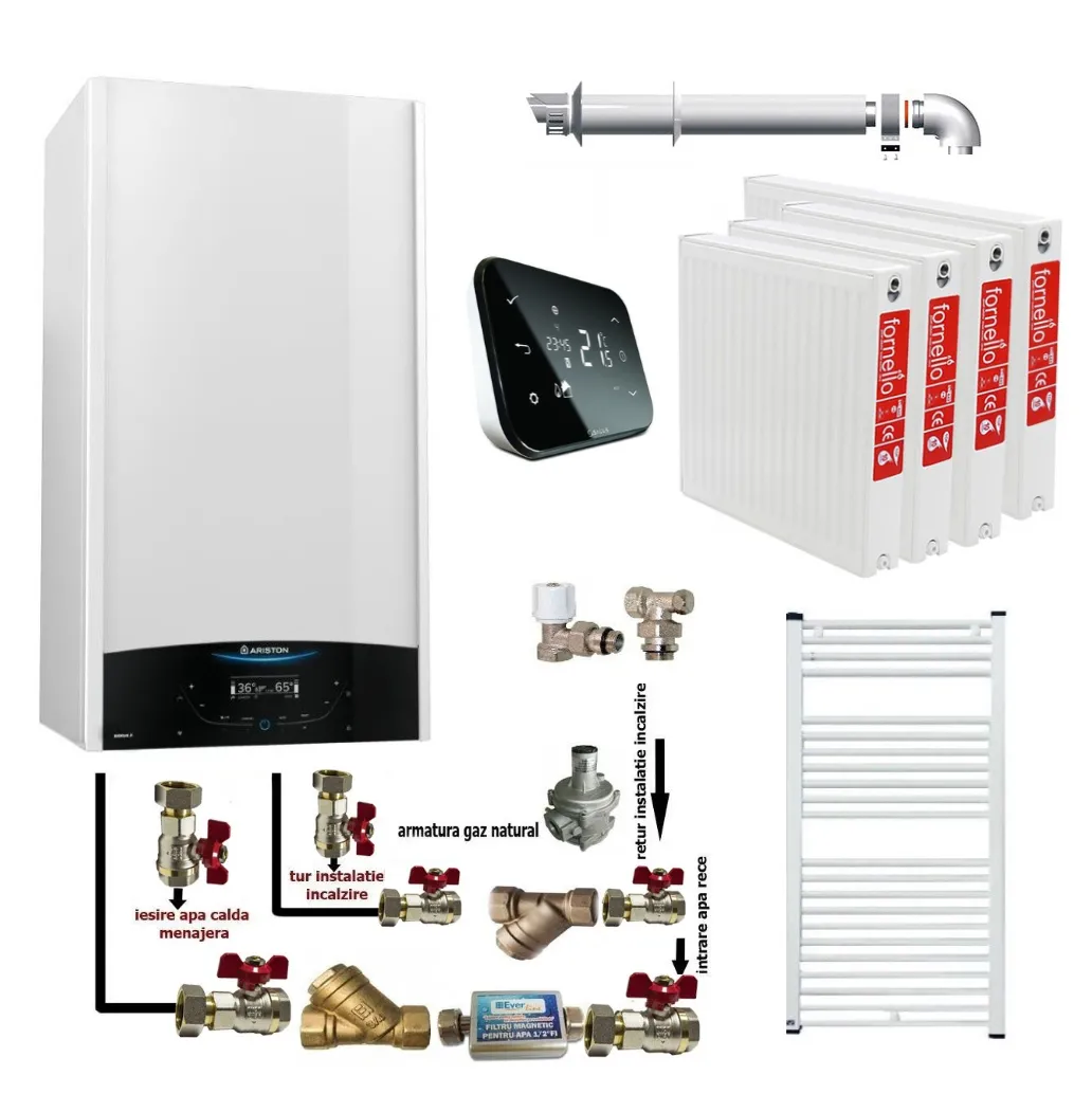 Pachet apartament cu 3 camere, centrala termica murala in condensare Ariston Genus One+ 24, Gaz, 24 kW, kit de evacuare inclus, termostat Salus IT 500, calorifere otel, kit armaturi centrala, robineti calorifere
