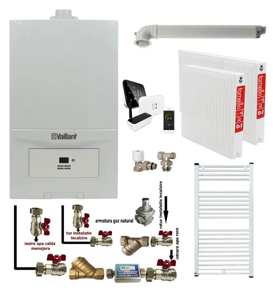 Pachet apartament cu o camera, Centrala termica in condensatie Vaillant ecoTEC Pure VUW 236/7-2, 23 kw, murala, afisaj digital, schimbator caldura inox, kit de evacuare, calorifere otel, termostat Salus IT 500 si fitinguri montaj