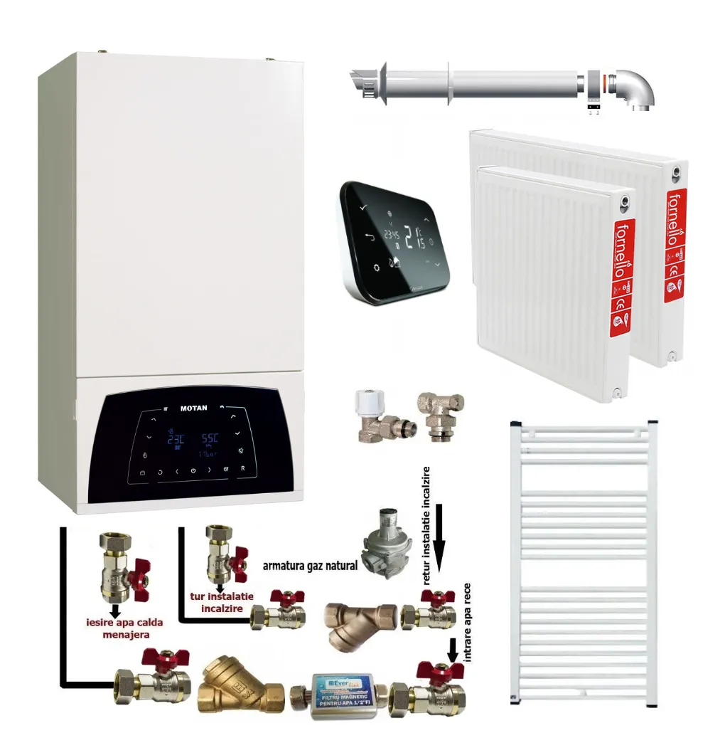 Pachet apartament cu o camera, centrala termica Motan Condens Plus 100 25 kW, condensatie, hidrobloc bronz, raport modulare 1:10, termostat Salus IT 500, kit evacuare inclus, calorifere otel, kit armaturi centrala, robineti calorifer
