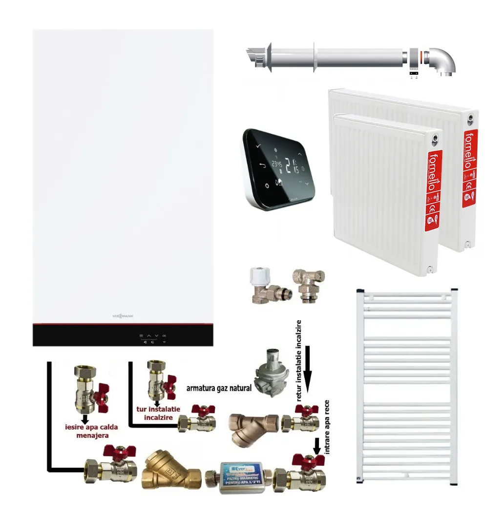 Pachet apartament cu o camera, centrala termica murala cu condensare Viessmann Vitodens 050-W tip B0KA 19 kW, termostat Salus IT 500, kit evacuare inclus, calorifere otel, kit armaturi centrala, robineti calorifer