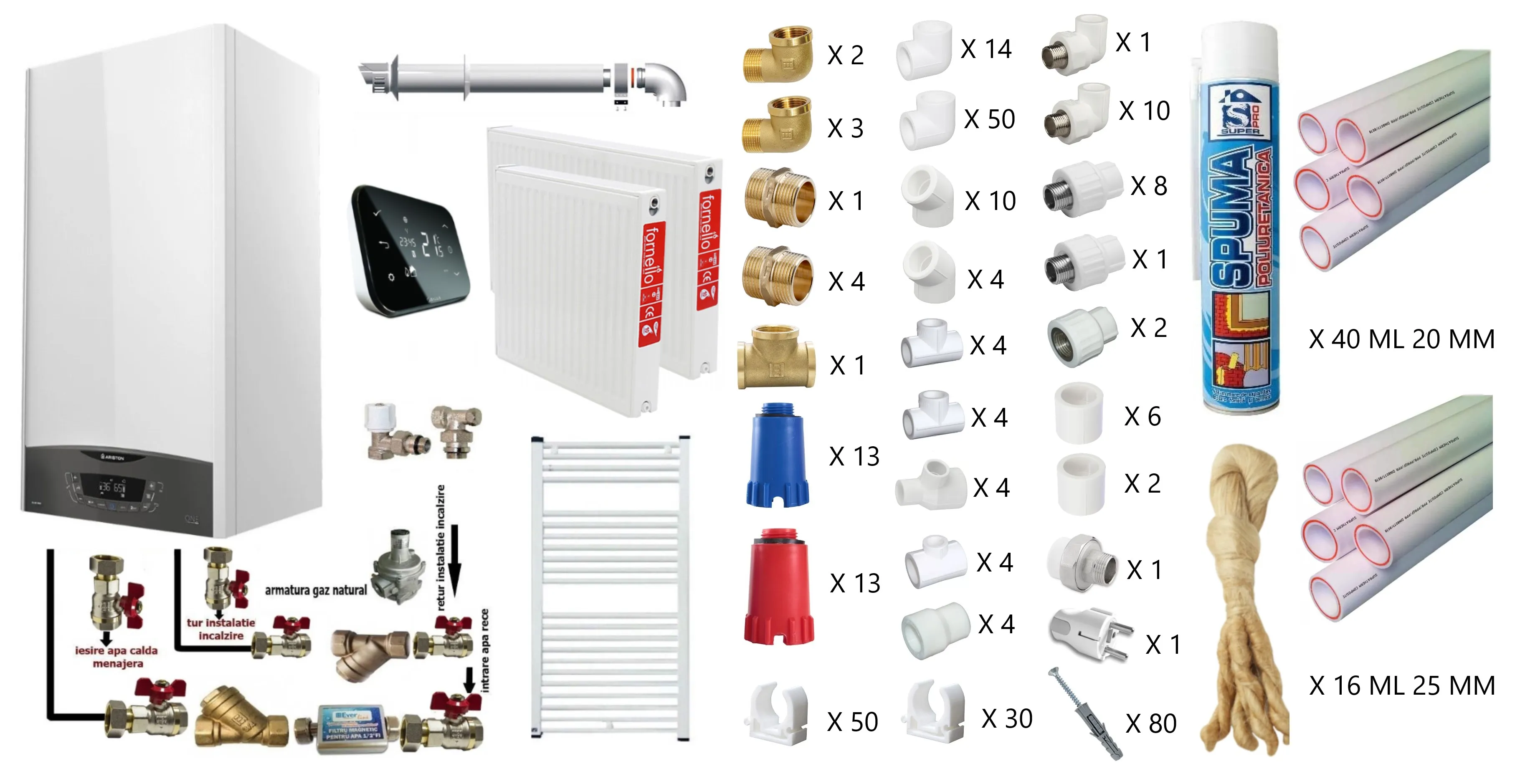 Pachet apartament cu o camera, centrala termica murala in condensare Ariston CLAS ONE+ WI-FI 24, Gaz, 24 kW, termostat Salus IT 500, kit de evacuare inclus, calorifere otel, kit armaturi teava PPR si trusa de sudat PPR CADOU