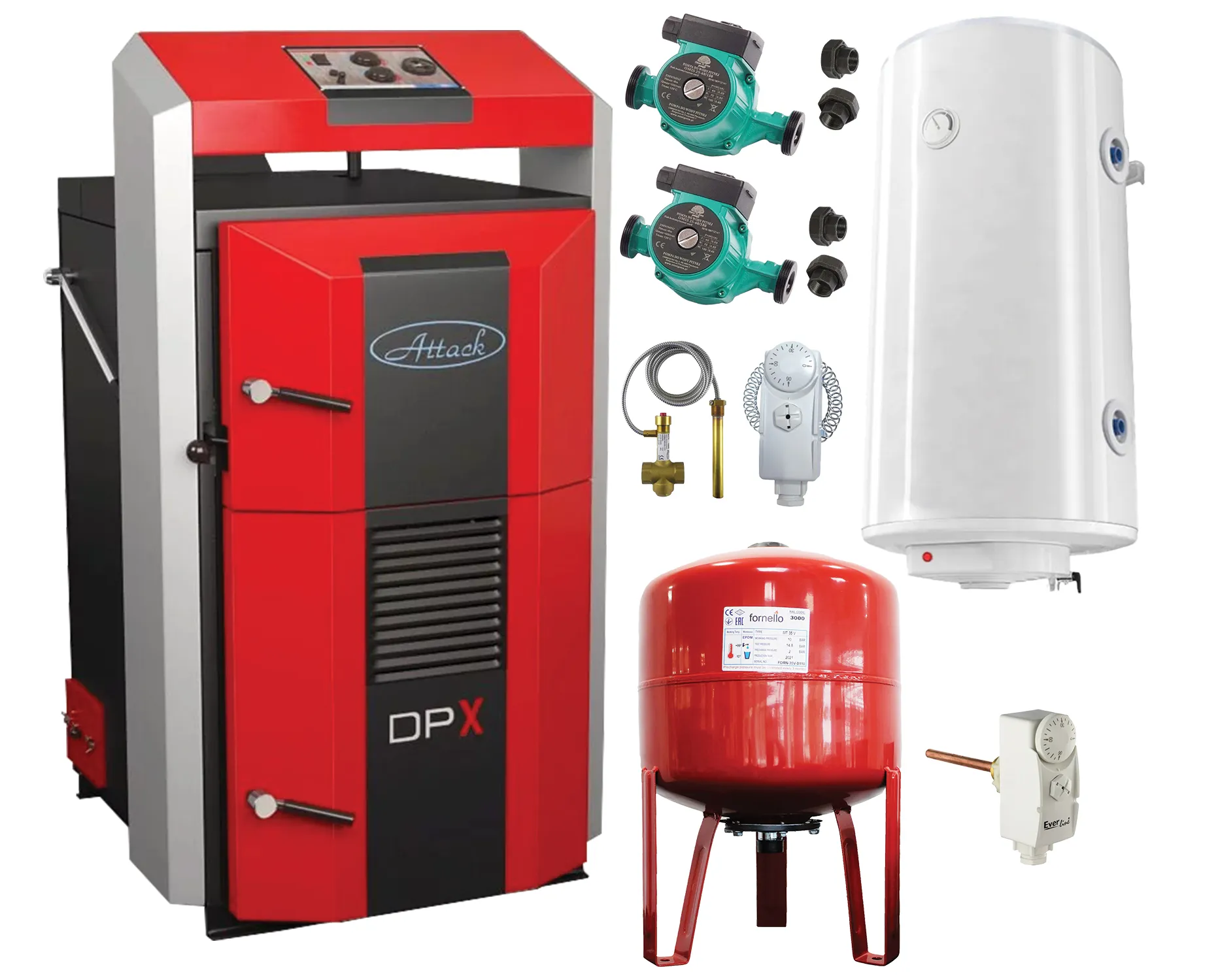 Pachet basic Cazan (centrala) pe combustibil solid, Attack DPX Standard cu gazeificare, 45 kW, boiler, vas expansiune, 2 pompe circulare, vana sts, termostat imersie si termostat contact