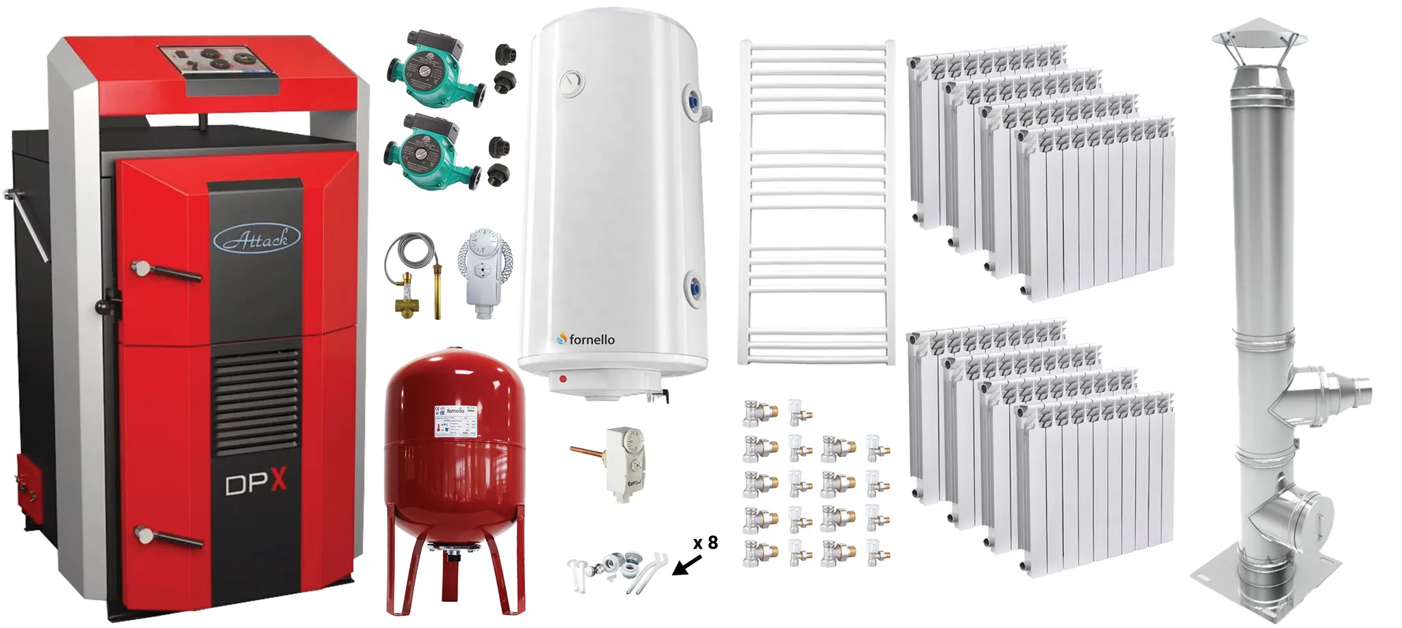 Pachet basic Cazan (centrala) pe combustibil solid, Attack DPX Standard cu gazeificare, 45 kW, calorifere aluminiu Fornello Alvo, cos inox, boiler, vas expansiune, 2 pompe circulare, vana sts, termostat imersie si termostat contact