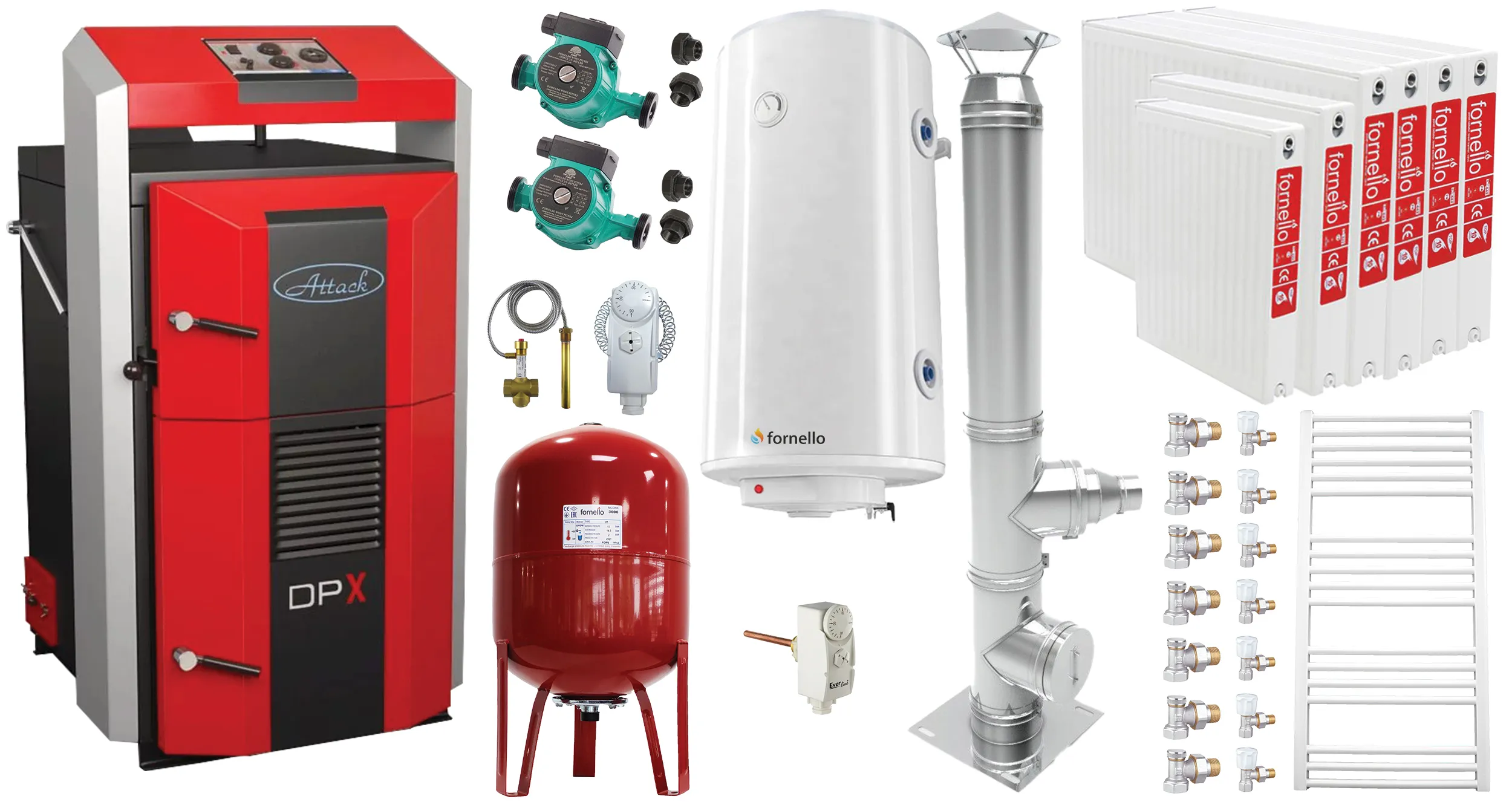 Pachet basic Cazan (centrala) pe combustibil solid, Attack DPX Standard cu gazeificare, 45 kW, calorifere otel, cos inox, boiler, vas expansiune, 2 pompe circulare, vana sts, termostat imersie si termostat contact