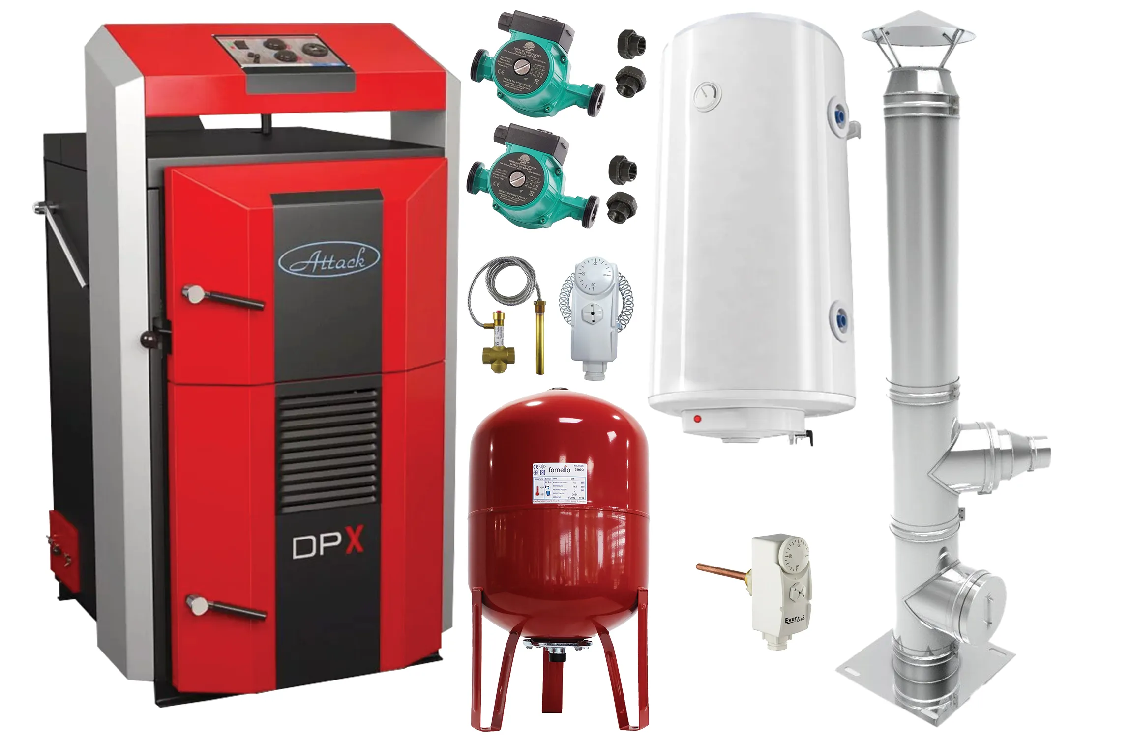 Pachet basic Cazan (centrala) pe combustibil solid, Attack DPX Standard cu gazeificare, 45 kW, cos inox, boiler, vas expansiune, 2 pompe circulare, vana sts, termostat imersie si termostat contact