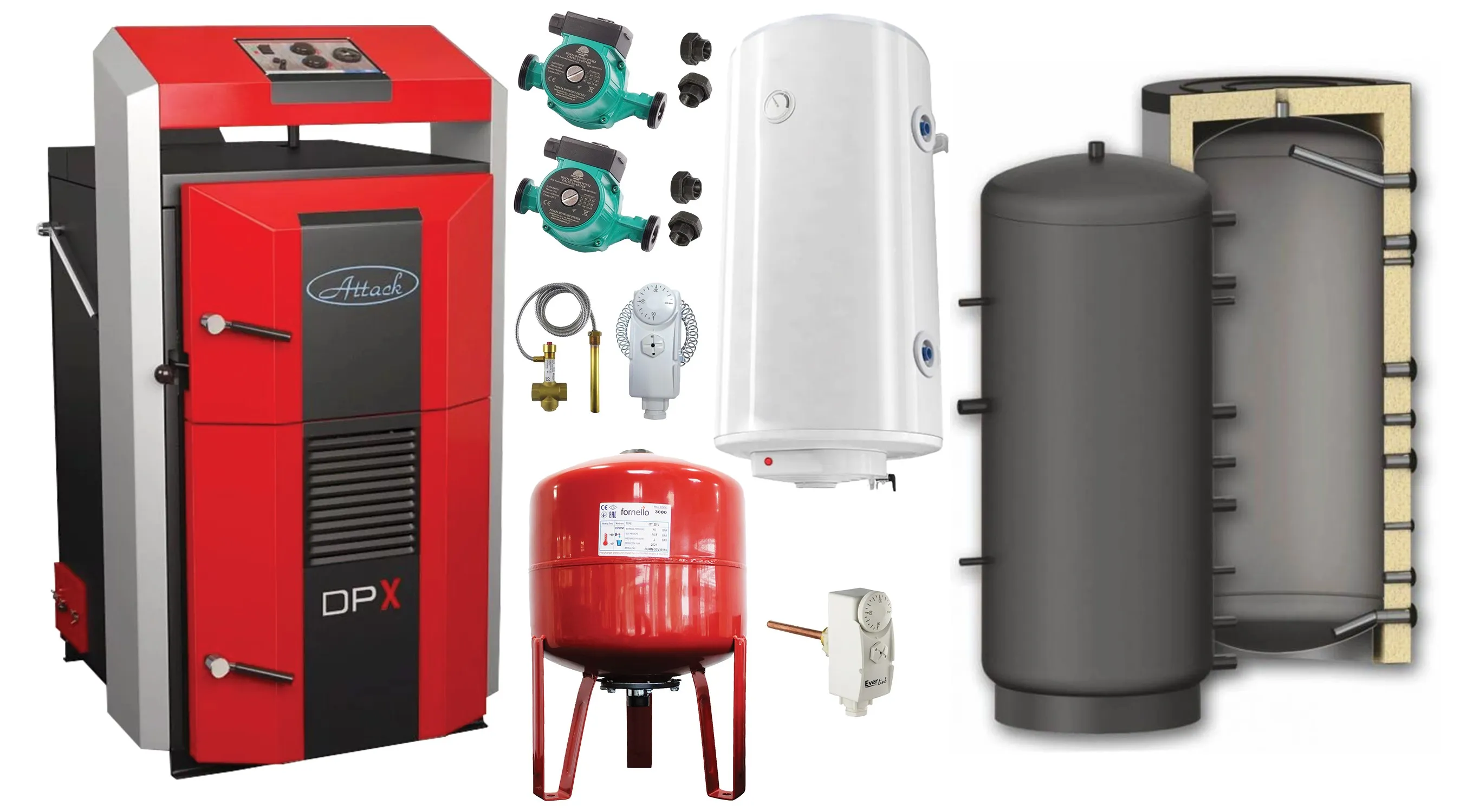 Pachet basic Cazan (centrala) pe combustibil solid, Attack DPX Standard cu gazeificare, 45 kW, Puffer 1000 litri, boiler, vas expansiune, 2 pompe circulare, vana sts, termostat imersie si termostat contact